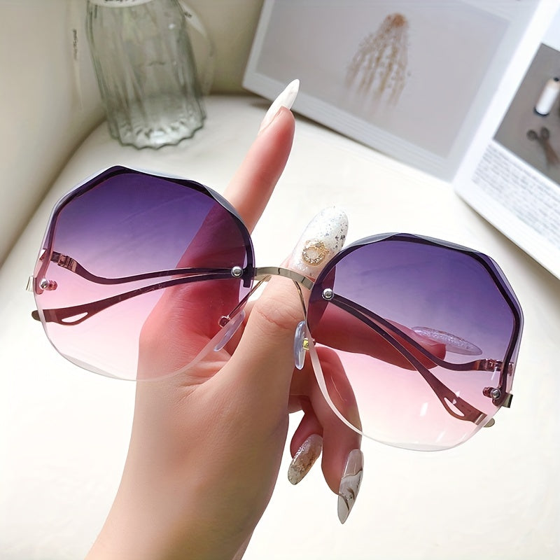 Round Rimless Sunglasses Ombre Lens Metal Temple UV400