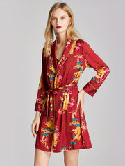 Dragon & Phoenix Print Night Robe V Neck House Robe Women's Sleepwear