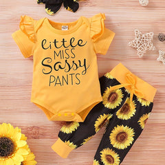 3pcs Little Miss Print Romper Sunflower Pants Set for Baby Girls