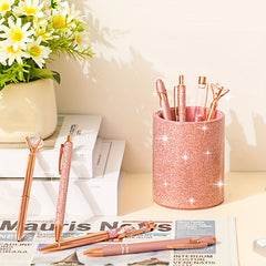 Metal Crystal Pen Set with Pen Holder, Glitter Fancy Ink Desktop Storage Box
