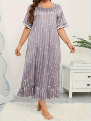 Plus Size Nightdress Women's Plus Stripe & Heart Print Short Sleeve