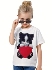 3D Sweet Cat & Heart Graphic Short Sleeve T-shirt Breathable Comfy