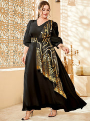 Colorblock Golden Leaf Puff Sleeve V-Neck Maxi Dress