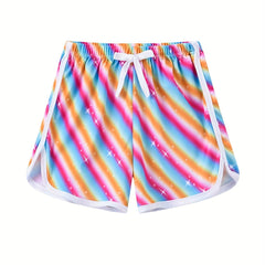 Girls Stars & Rainbow Print Drawstring Pants Casual Sport Shorts