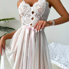 Floral Lace Mesh Slip Dress with V Neck Lingerie
