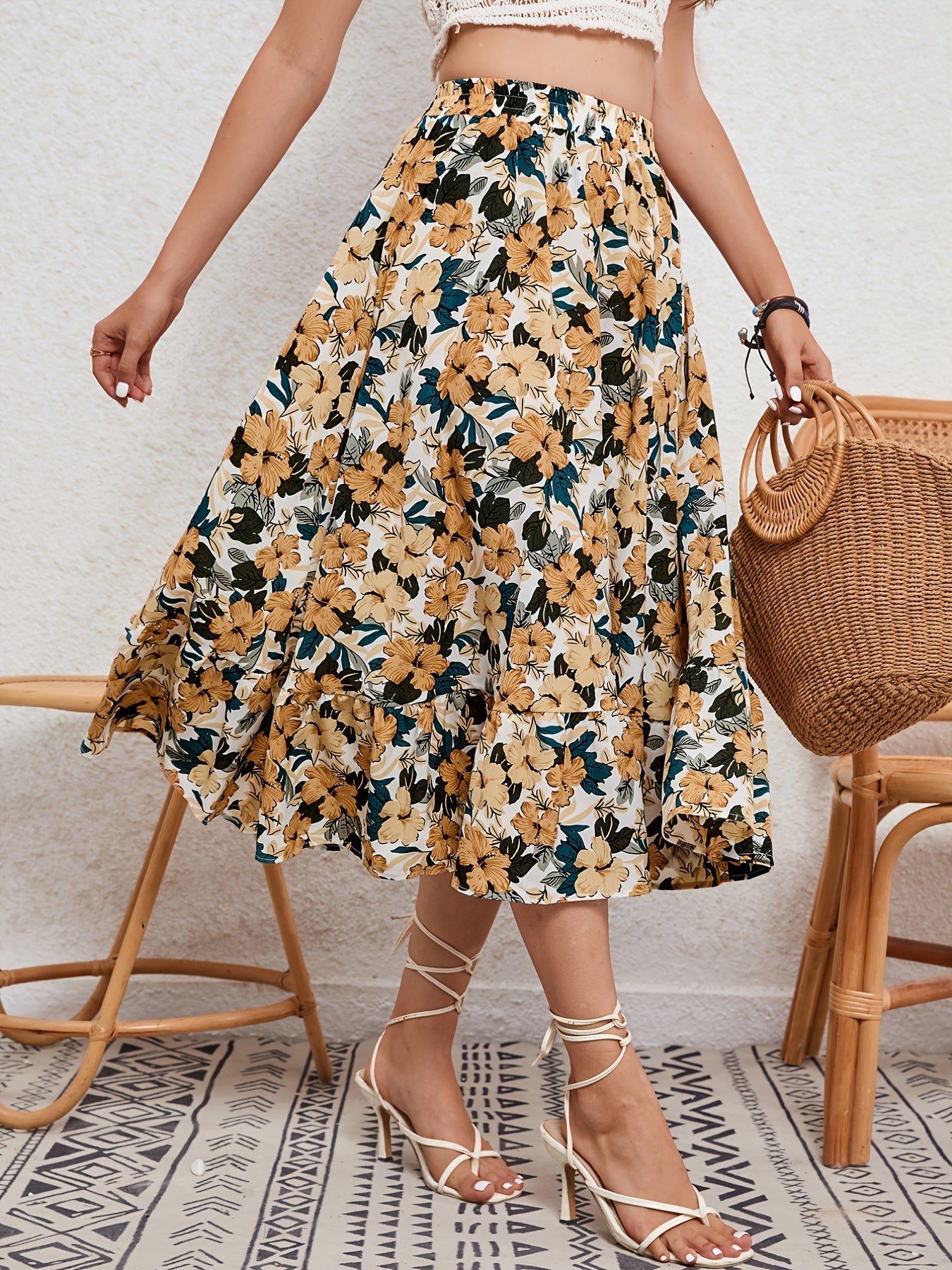 Floral Print Elastic Waist Skirt for Spring & Summer