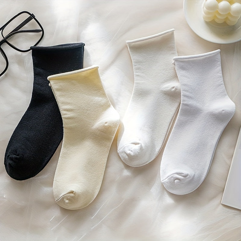 4 Pairs Solid Curling Socks Comfy & Breathable Mid Tube Socks Women's Stockings