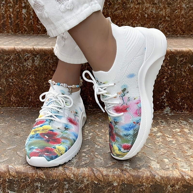 Floral Print Sock Sneakers Lace Up Low Top Sports Shoes