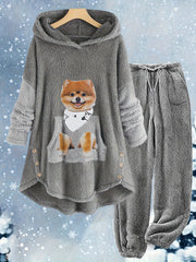 Dog Print Fleece Hoodie & Pants Set