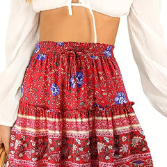 Boho Floral Print Pleated Skirt High Waist Beach Skirt