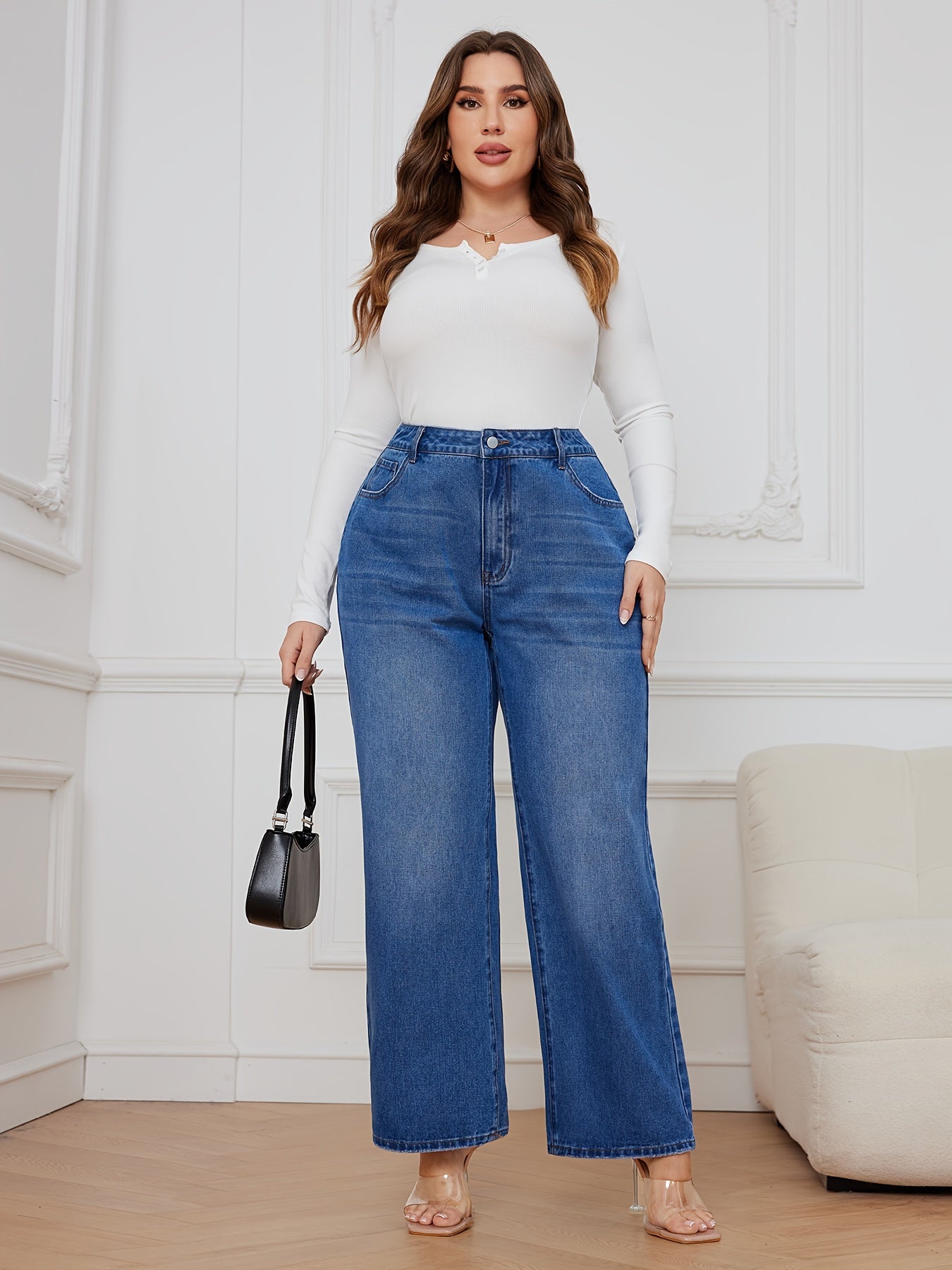 Solid Button Fly High Rise Wide Leg Jeans