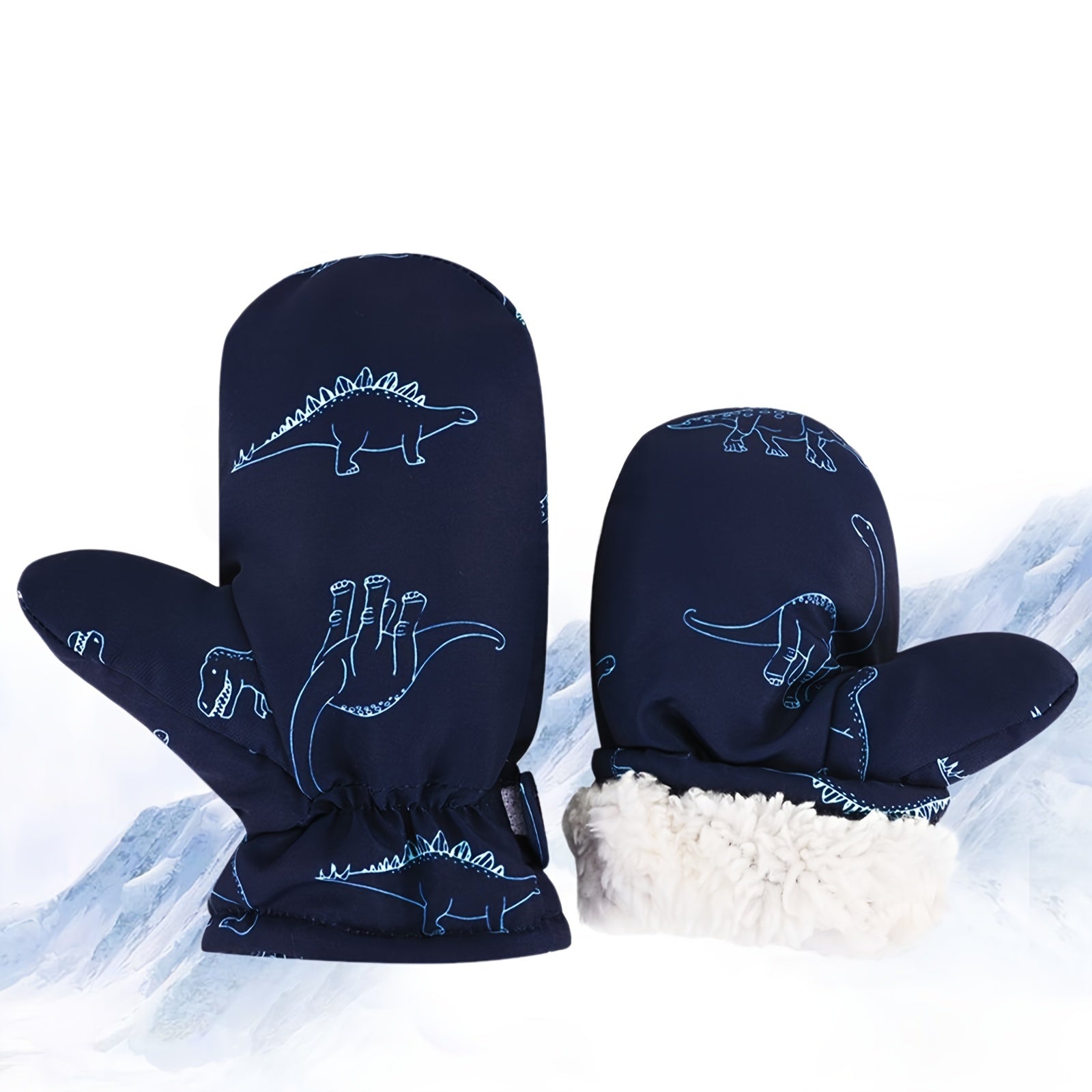 Kids Winter Dinosaur Skiing Mittens Plush Cartoon Warm Gloves