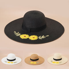 Flower Embroidery Sun Hat Easter Wide Flat Brim Straw Hat Women Beach Travel