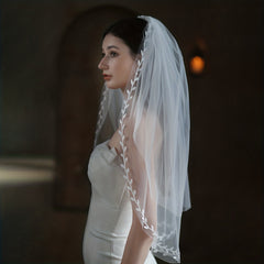 Double Layer Bridal Veil with Leaf Shape Edge Head Piece