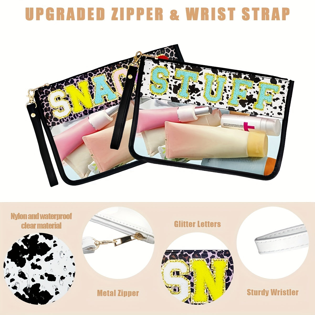 Clear Embroidered Letter Makeup Bag Preppy Patch PVC Waterproof Clutch