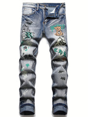 Men's Bear Graphic Stretch Graffiti Print Jeans