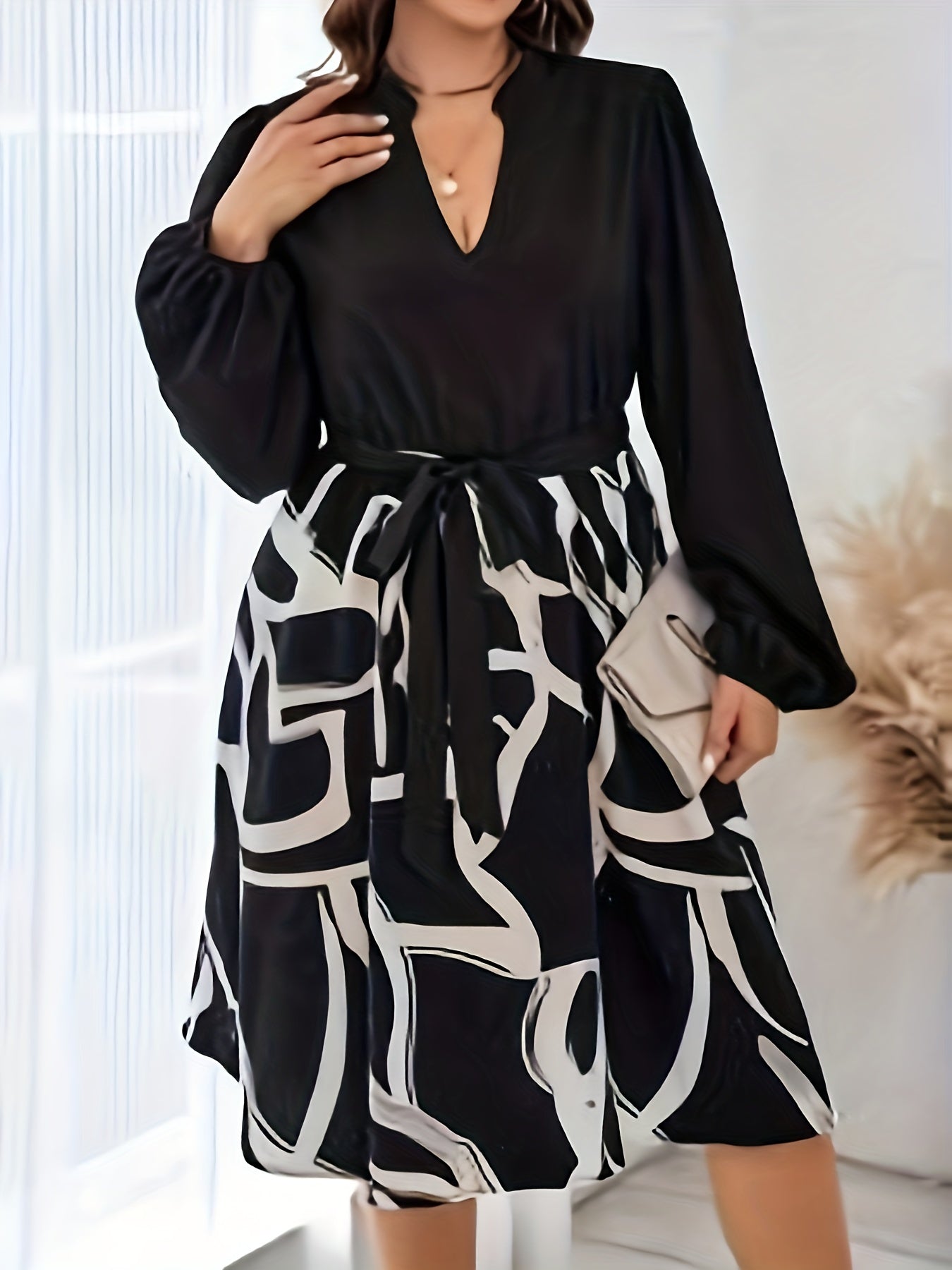 Colorblock Abstract Stripe Print Lantern Sleeve Belted Dress