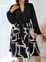 Colorblock Abstract Stripe Print Lantern Sleeve Belted Dress