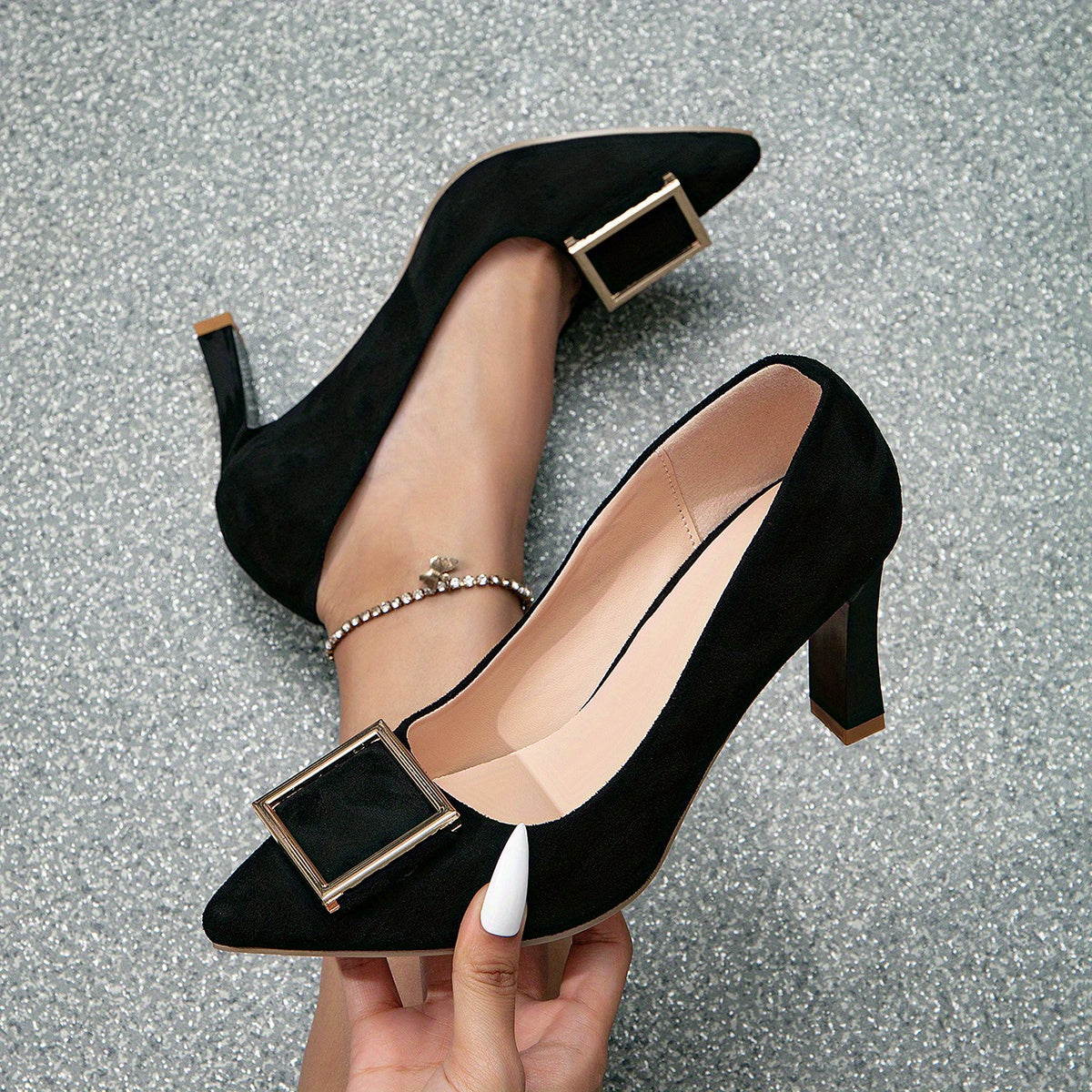 Metal Buckle Block Heel Pumps Pointed Toe Work Dress Heels