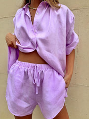 Casual Solid Two piece Shorts Set Shirt & Shorts Outfits Women's Clothing