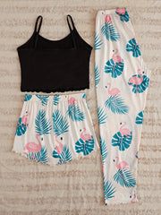 Flamingo Print Pajama Set Cami Top & Shorts & Pants