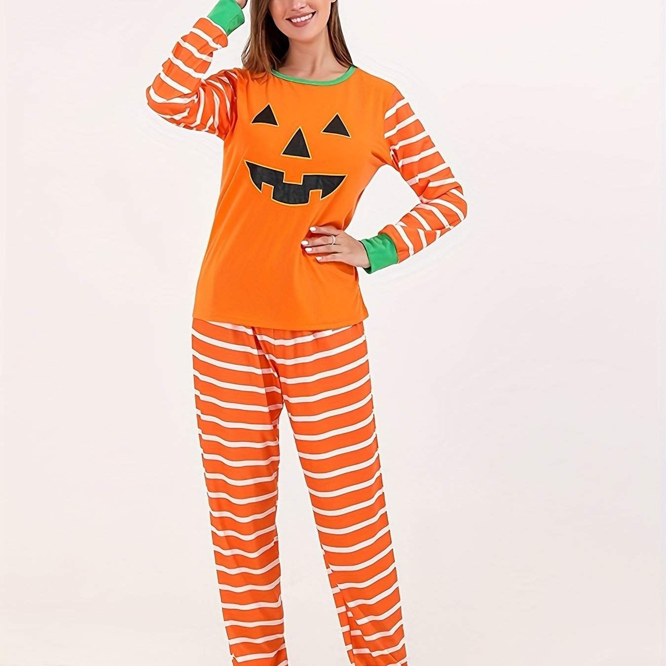 Pumpkin Print Halloween Pajama Set Long Sleeve Crew Neck Top & Striped Pants