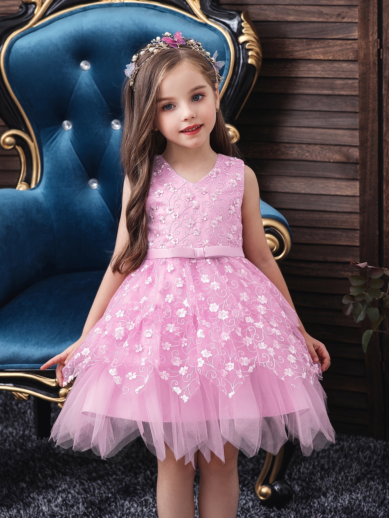 Girls Princess Dress Sleeveless Flower Embroidery Mesh Tutu Dress