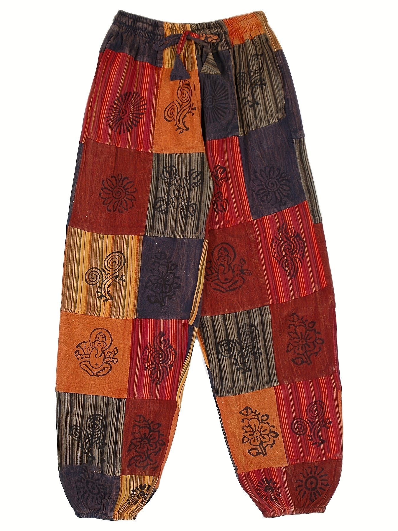 Hippie Graphic Print Drawstring Patchwork Pants Boho Loose Pants