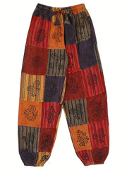 Hippie Graphic Print Drawstring Patchwork Pants Boho Loose Pants