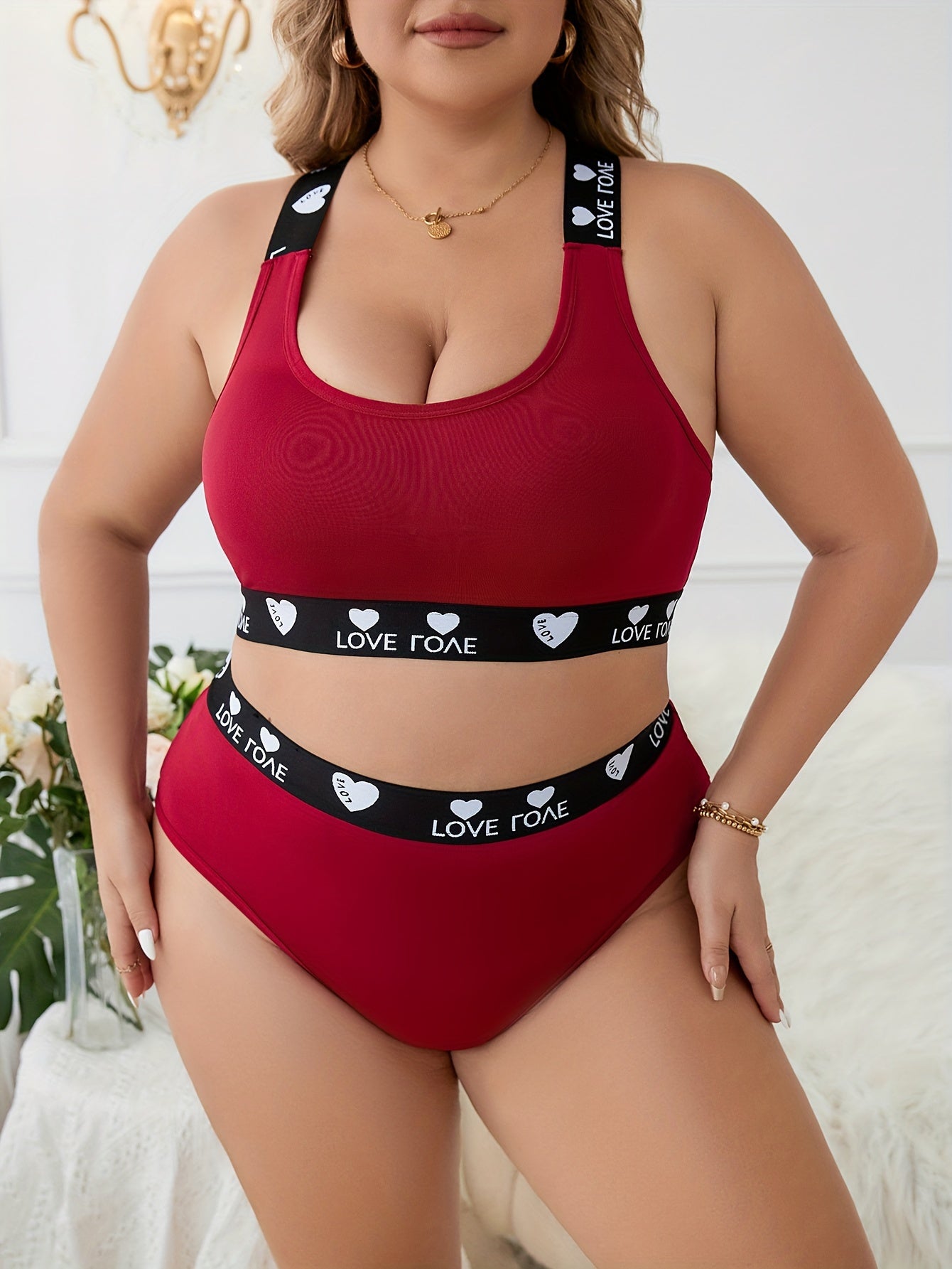 Plus Size Sexy Lingerie Set Letter Tape Crisscross Cut Out Bra & Panty