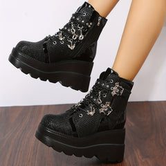 Geometric Pattern Wedge Heel Boots Side Zip Comfort Platform Short Boot