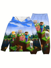 2pcs Boy's Hoodie Outfit Cartoon Pattern Set Long Sleeve Top Kid's Clothes