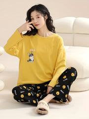 Cartoon Dog Print Pajama Set Long Sleeve Top & Pants