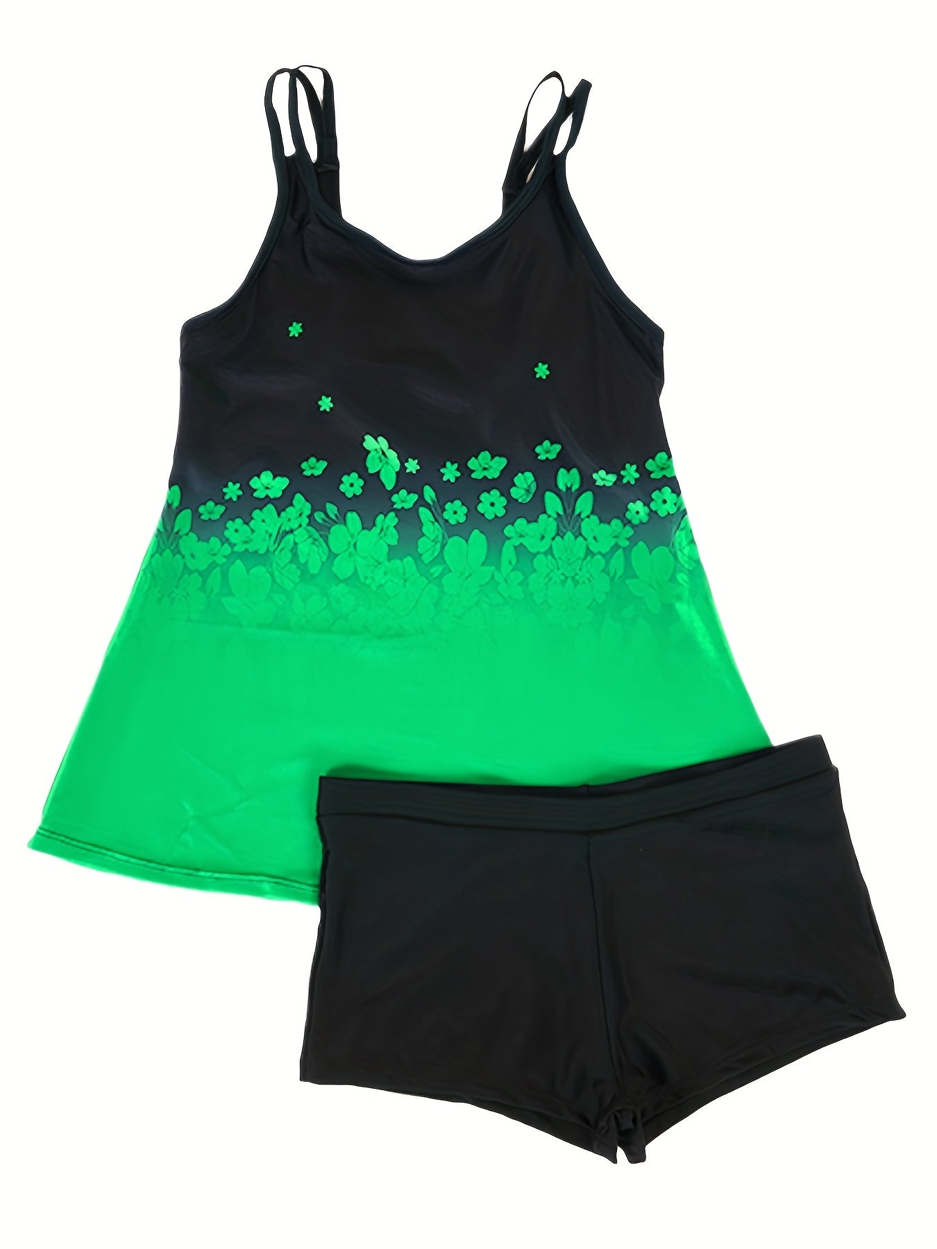 Floral Print Tankini Set Round Neck High Stretch Boxer Short Bottom Two Pieces
