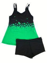 Floral Print Tankini Set Round Neck High Stretch Boxer Short Bottom Two Pieces
