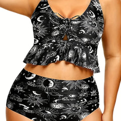 Boho Bikini Set Sun & Moon Print Lace Ruffle Trim Two Piece Swimsuit