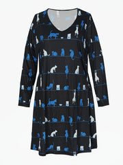 Cat & Stripe Print Long Sleeve V Neck Tee Dress With Pockets