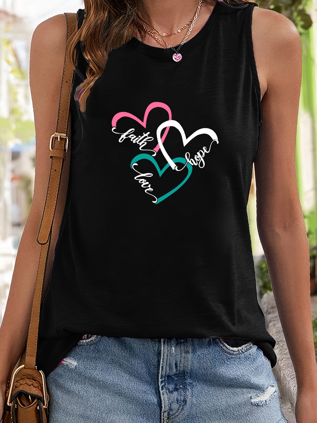 Heart & Letter Pattern Stretchy Sports Vest Round Neck Sleeveless Casual Top