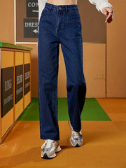 High Waist Straight Jeans Loose Fit High Rise Slash Pockets Denim Pants