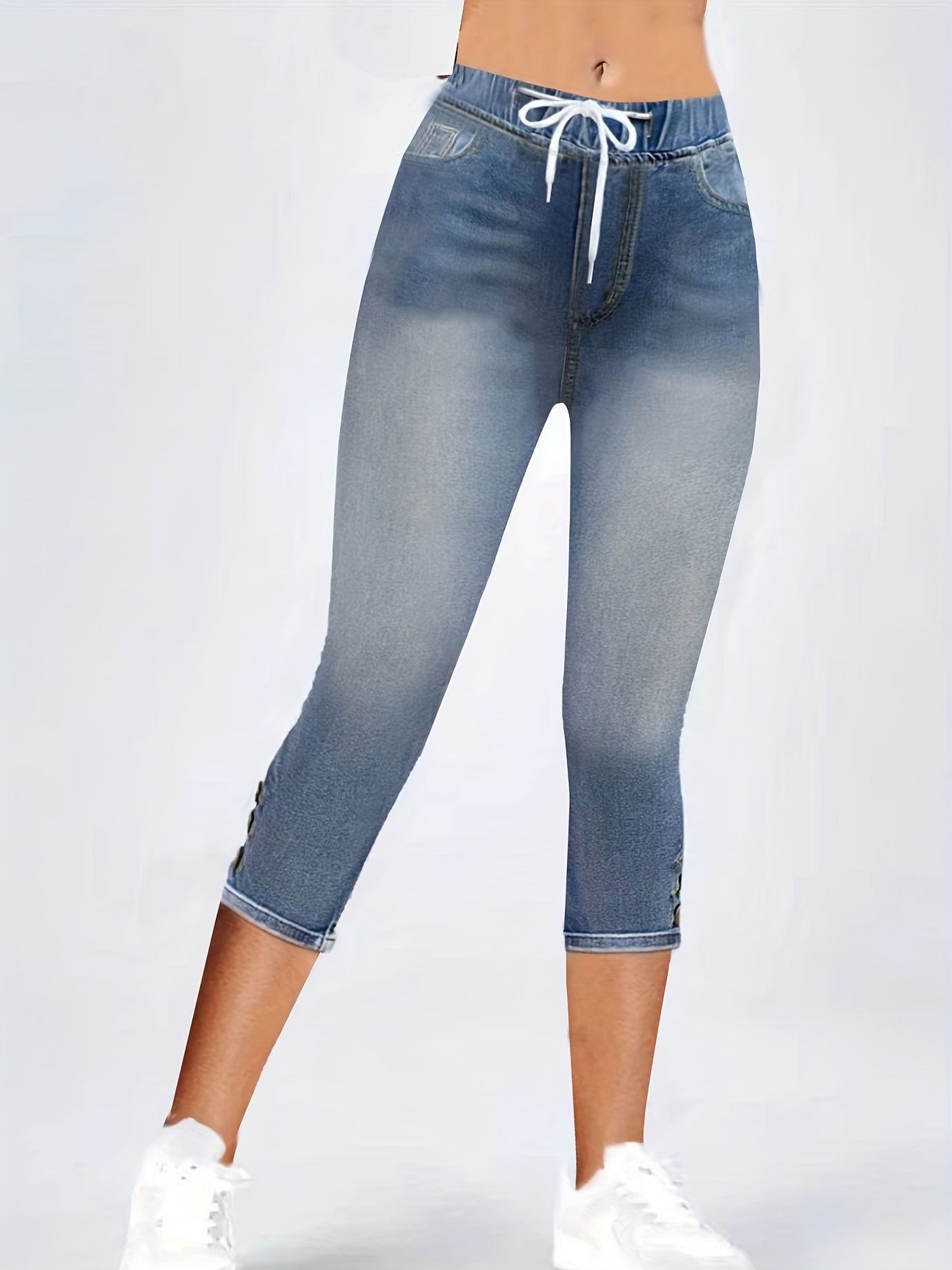 Elastic Waist Capris Jeans Drawstring Slim Fit