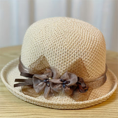 Beige Crochet Bucket Hat Rolled Brim Flower Decor Sunshade Fisherman Cap