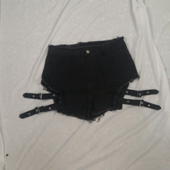 Punk Denim Shorts Halloween Eyelash Trim Cut Out Button Up