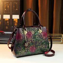 Vintage Floral Embossed Women's Handbag Purple & Green Crossbody Bag