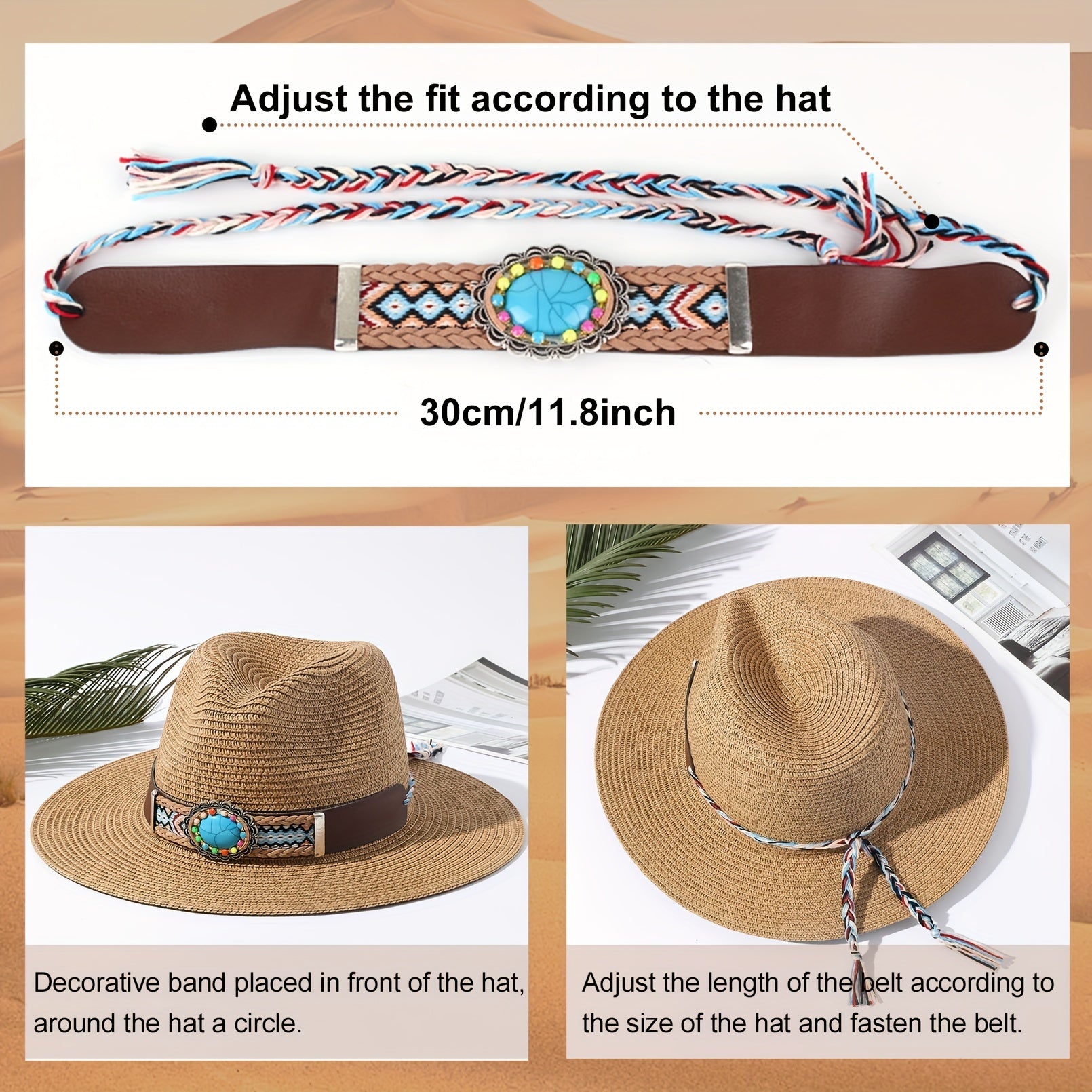 Turquoise Inlaid Hat Band With Bohemian Braided Rope