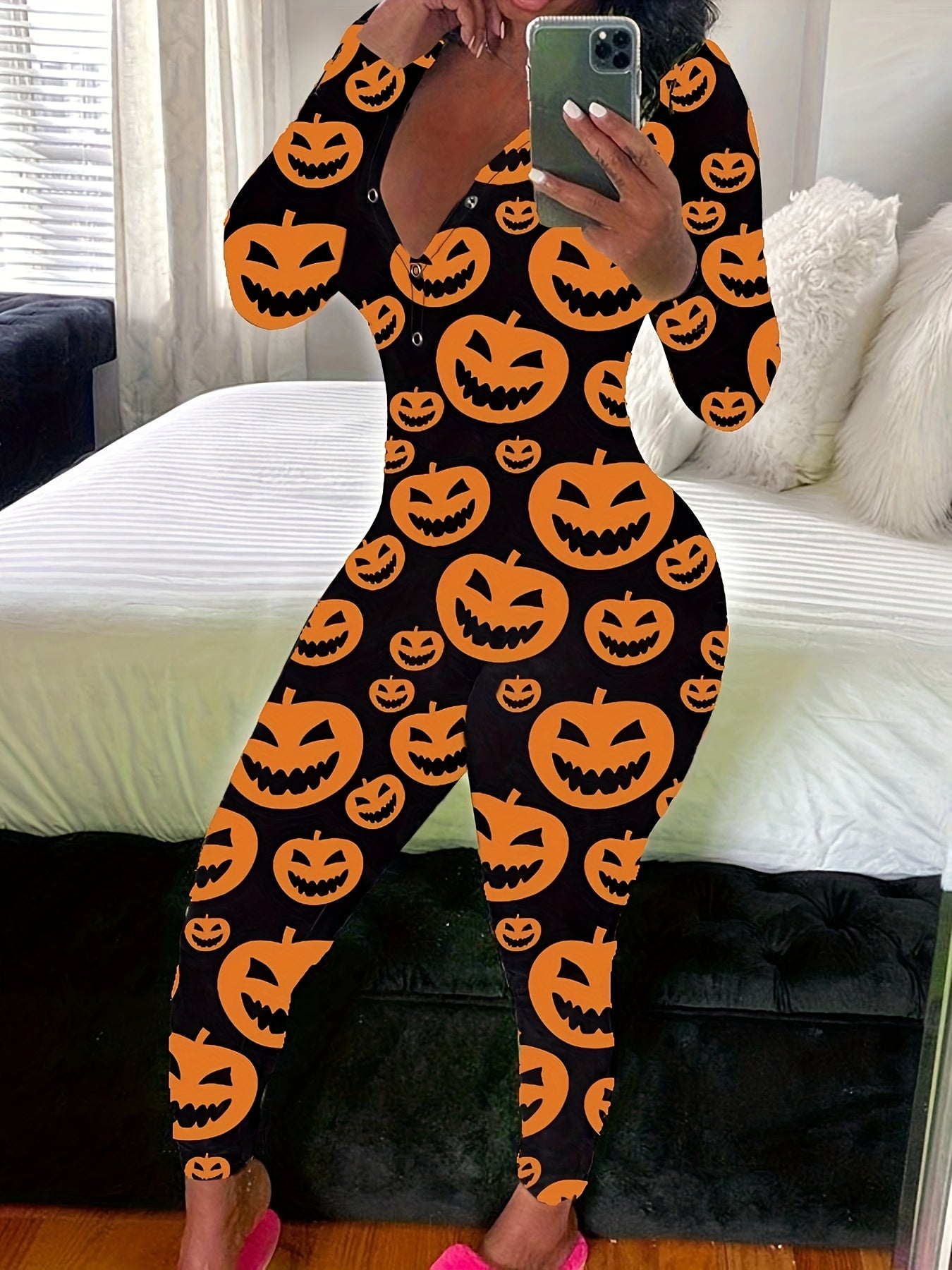 Pumpkin Print Lounge Romper Long Sleeve V Neck Buttons Romper