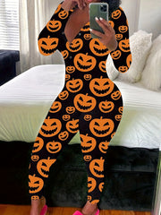 Pumpkin Print Lounge Romper Long Sleeve V Neck Buttons Romper