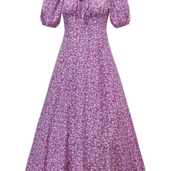 Floral Print Split Neck Puff Sleeve Dress
