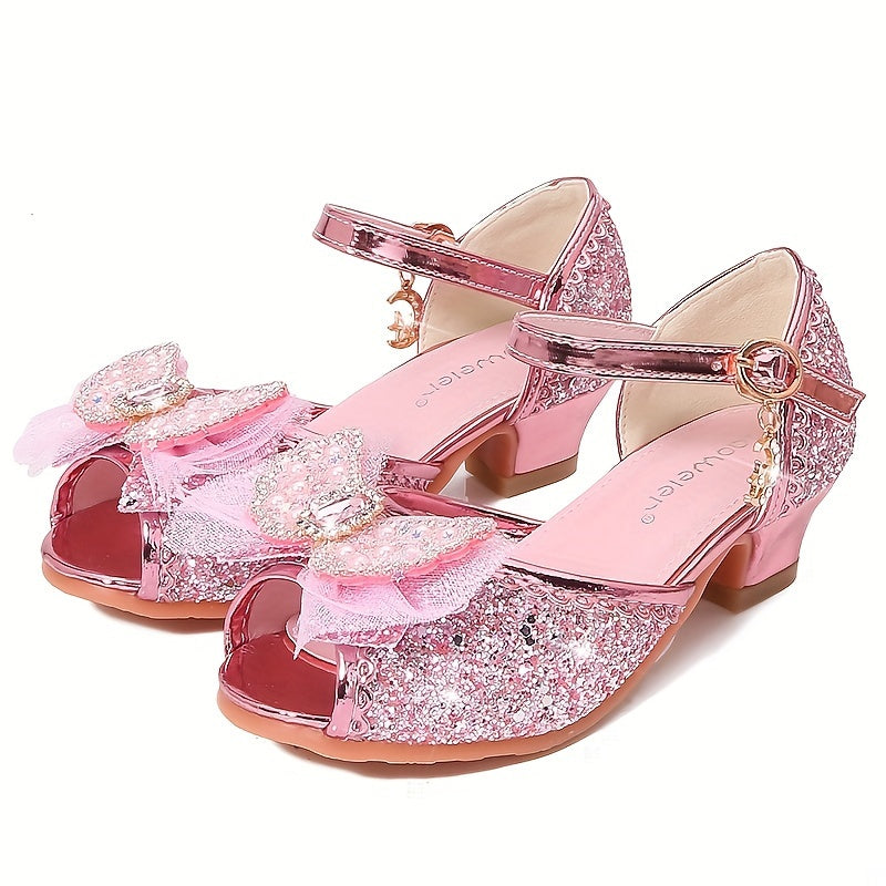 Bowknot Sequin High-heeled Sandals for Girls Lightweight Dress Shoes