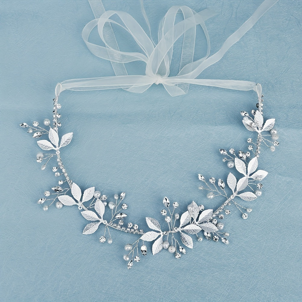 Leaf Charm Hair Band Rhinestone & Faux Pearl Decor Headband Bridal