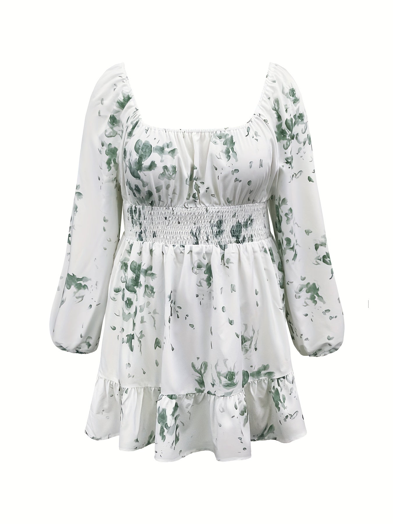 Floral Print Lantern Sleeve Waist Ruffle Trim Pleated Dress